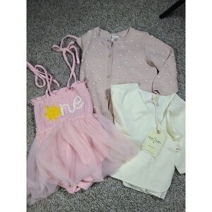 H&M Pink Tulle One-Piece Bodysuit with Cream Top and Pink Cardigan Set